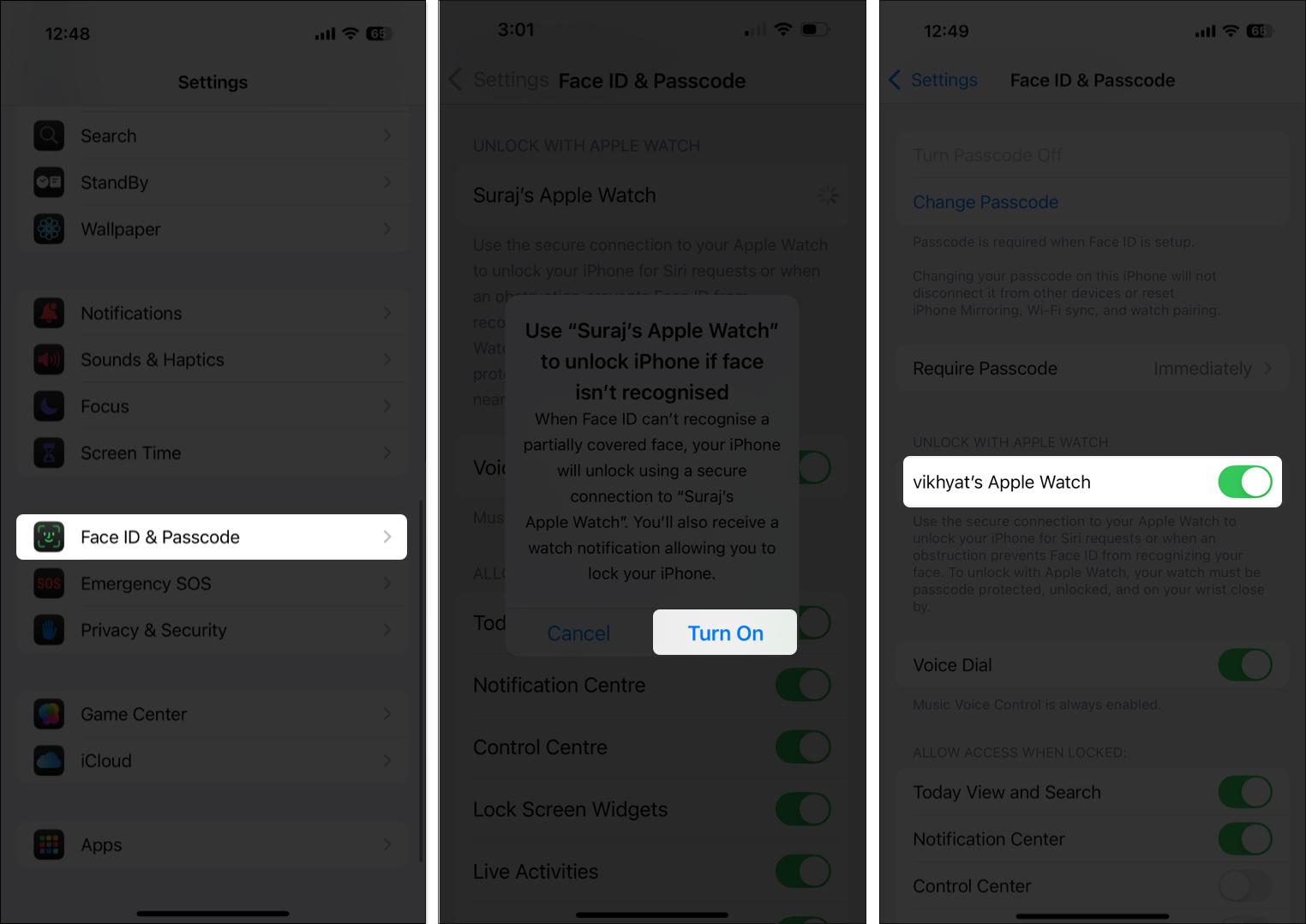 Enabling the Unlock with Apple Watch feature on an iPhone.