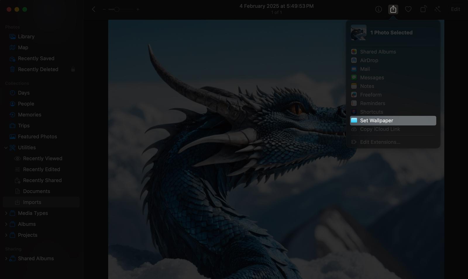 Setting a photo as a Mac wallpaper within the Photos app.