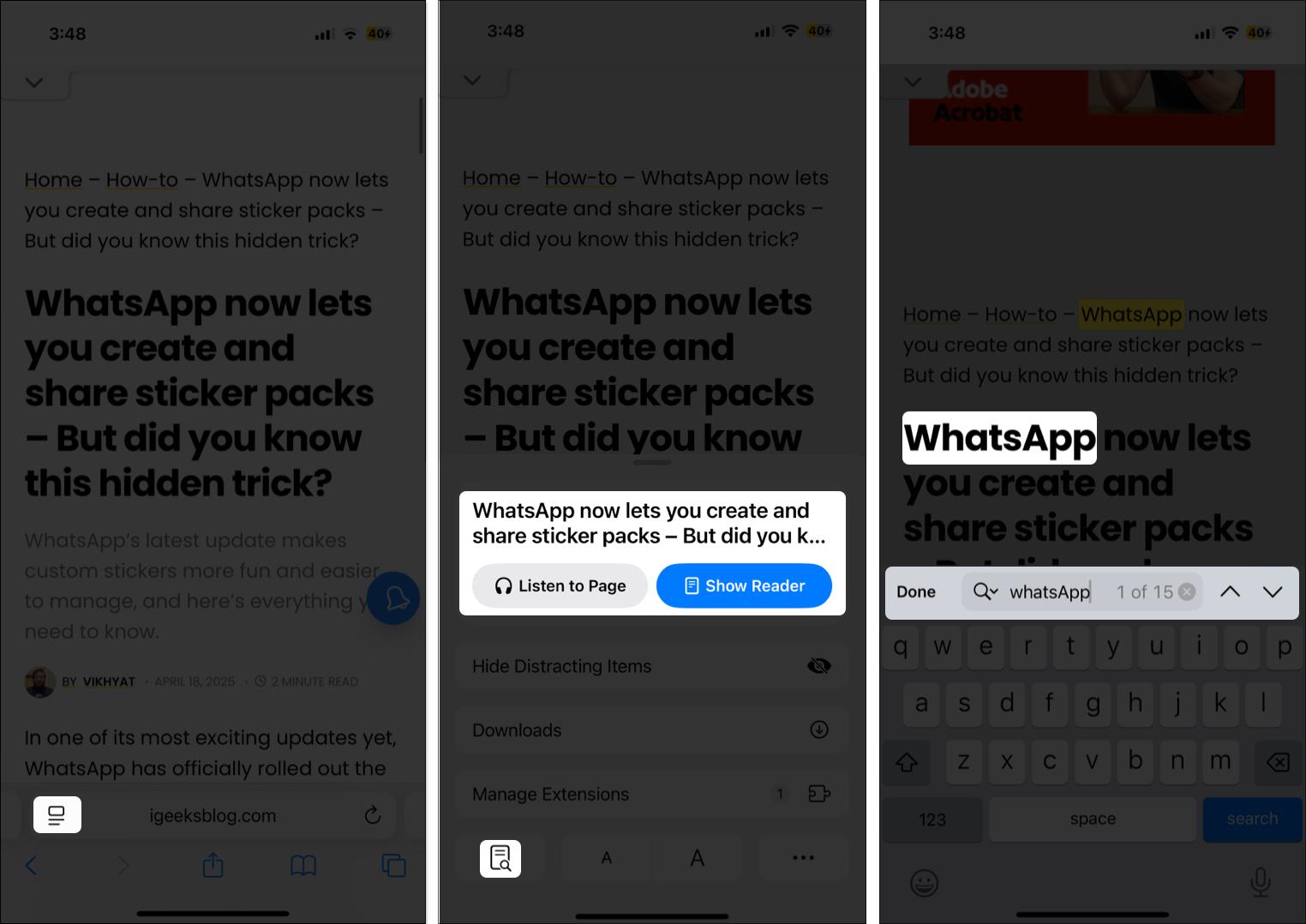 Use shortcut key to find exact word in webpage on safari browser on iPhone