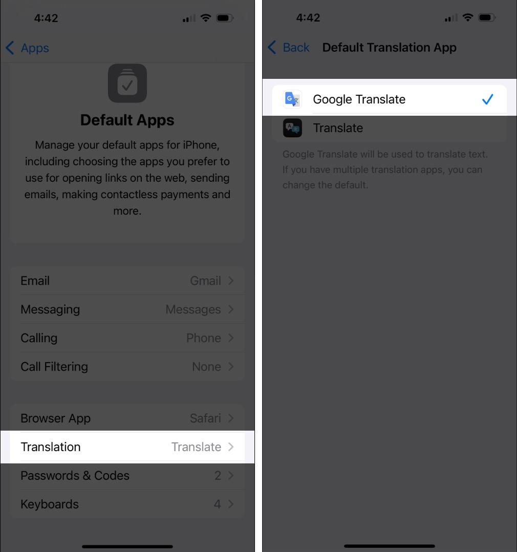 Tap Translation in Default Apps settings and choose Google Translate as default.
