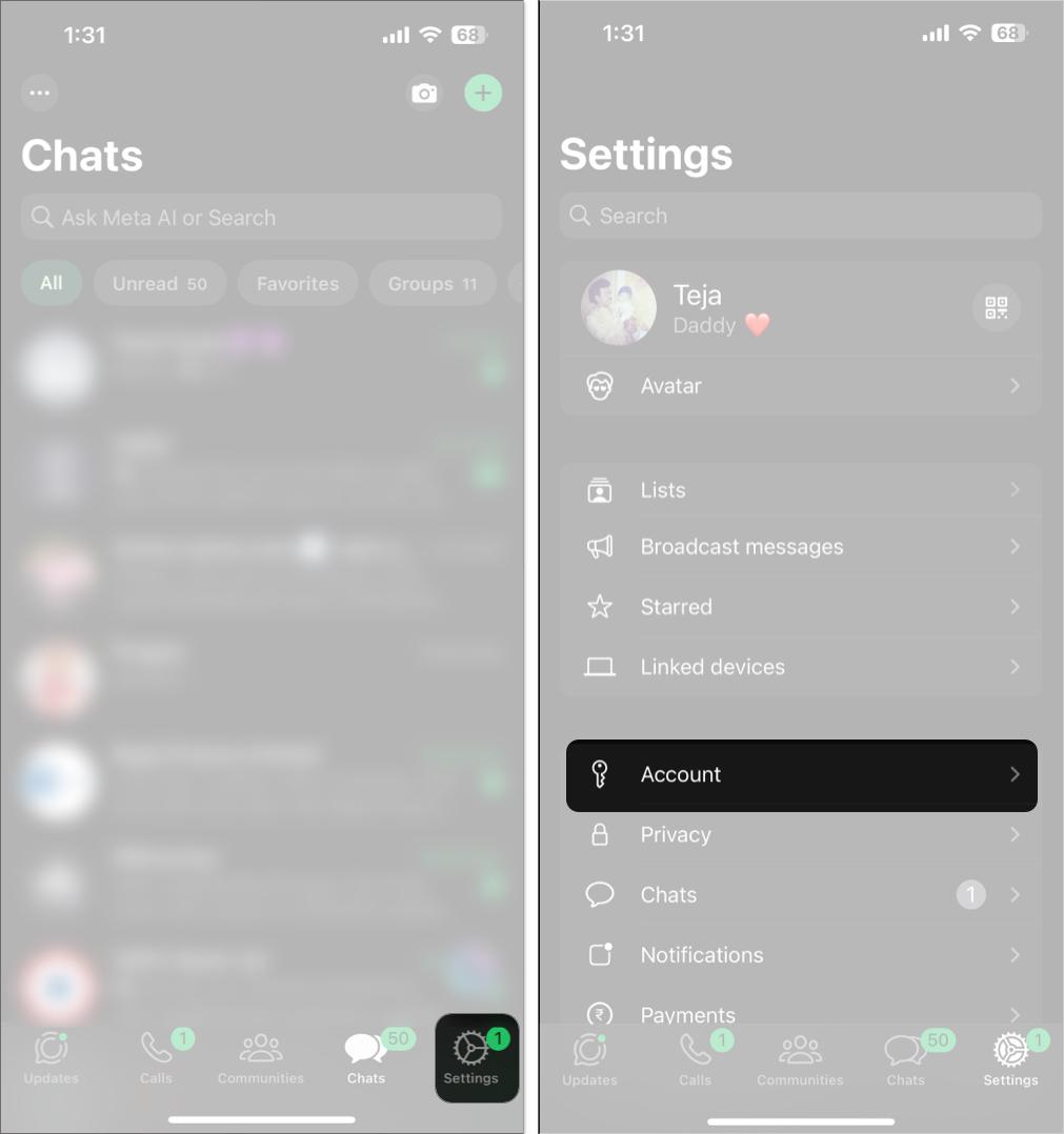 Accessing account settings in the WhatsApp app on an iPhone.