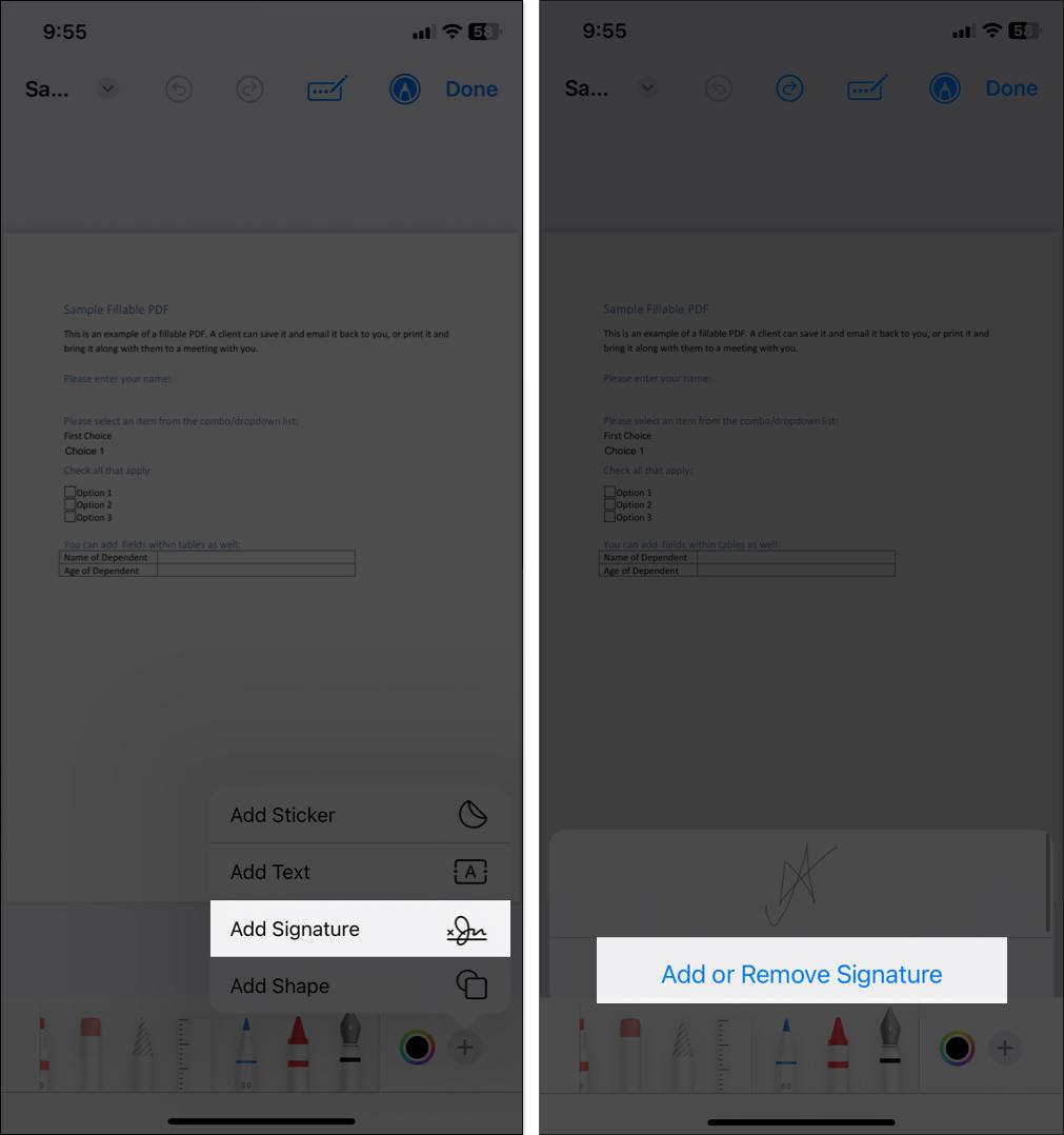 Access add signature option in the file on iPhone