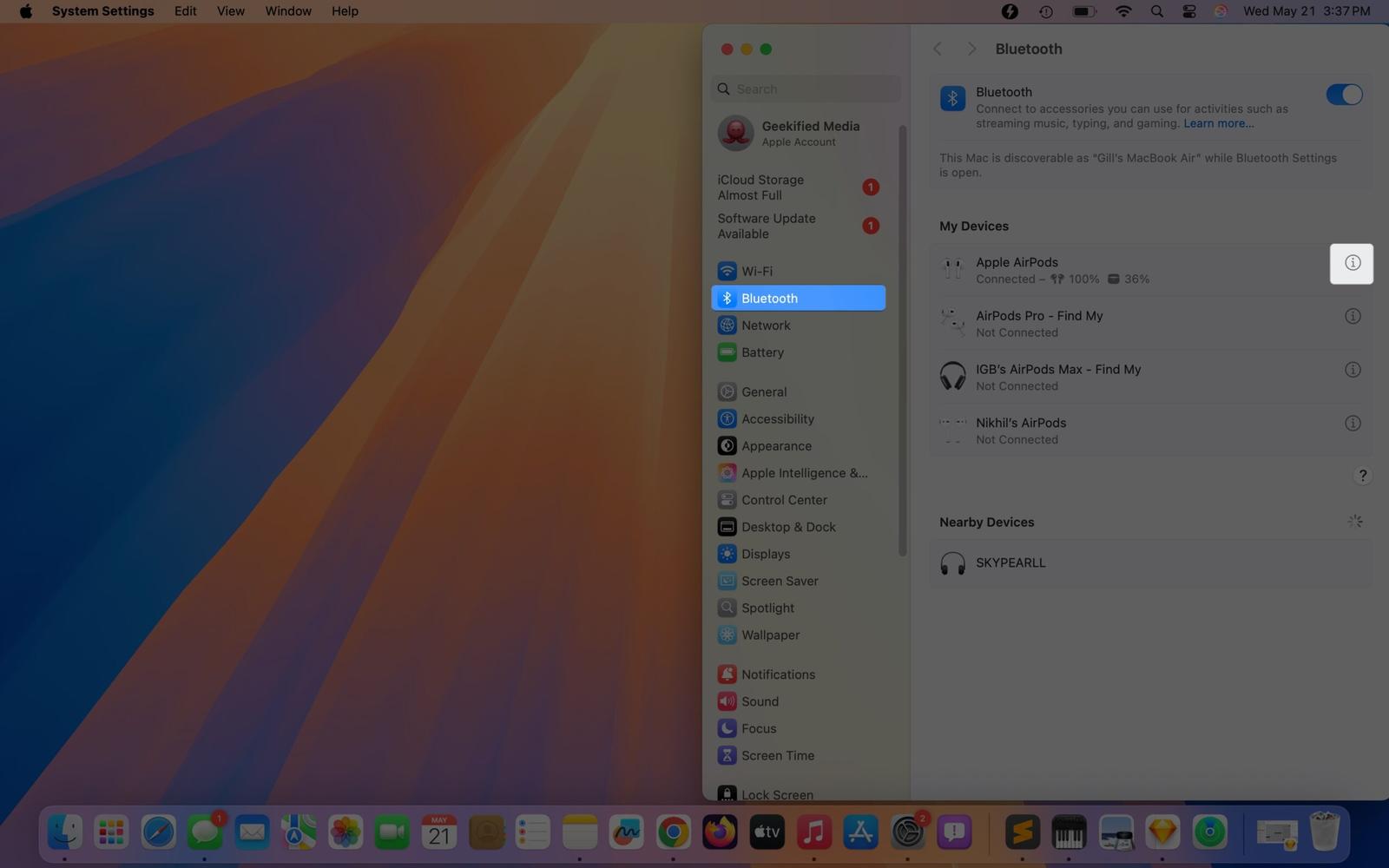 Accessing Bluetooth settings in macOS System Settings app.