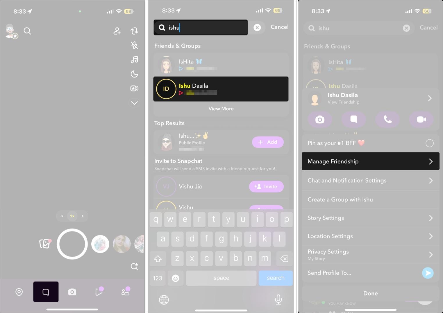 Accessing the Manage Friendship option for a contact on Snapchat.