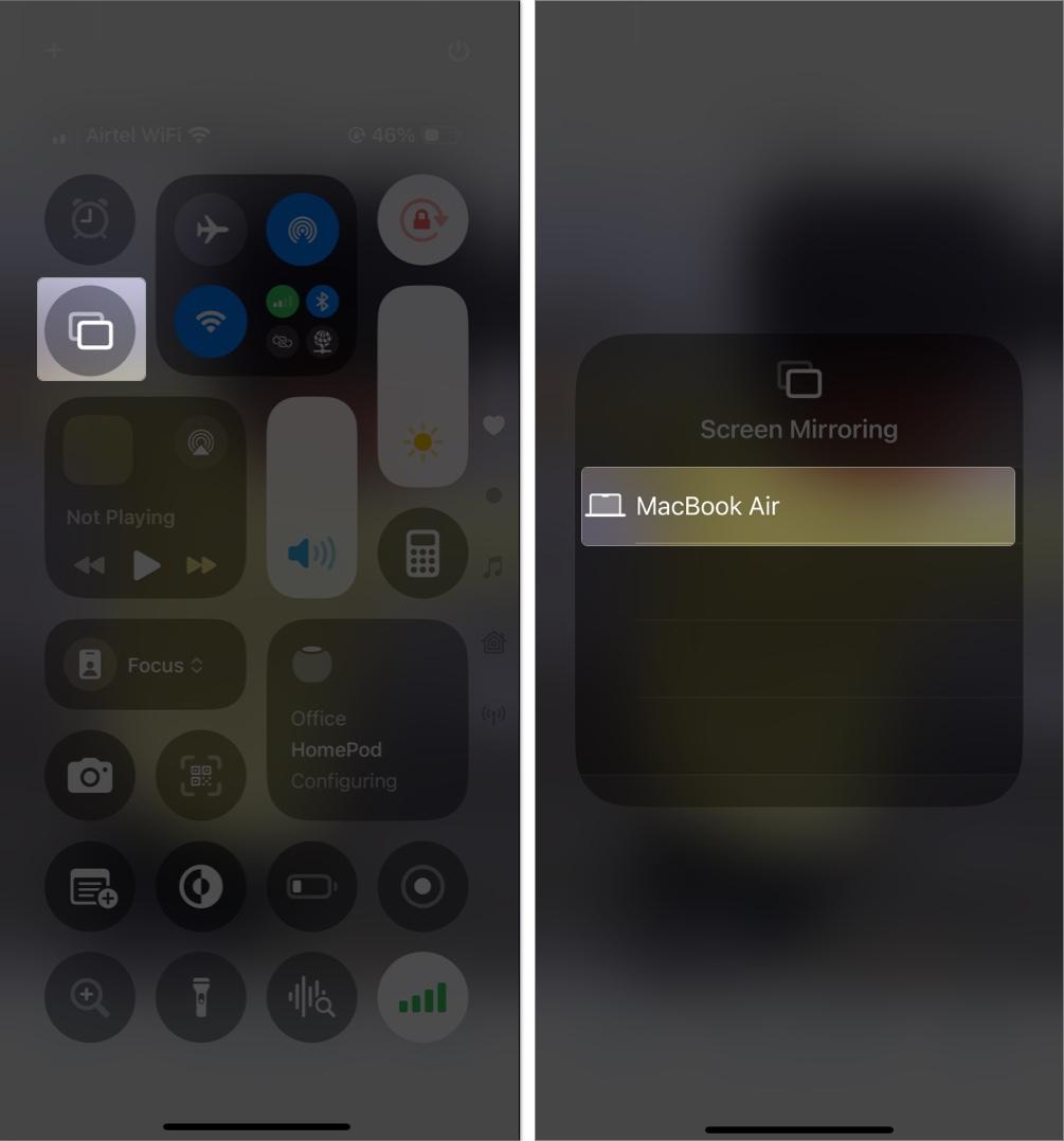 Tapping the Screen Mirroring icon and choosing the device to mirror the screen to in the Control Center on an iPhone.