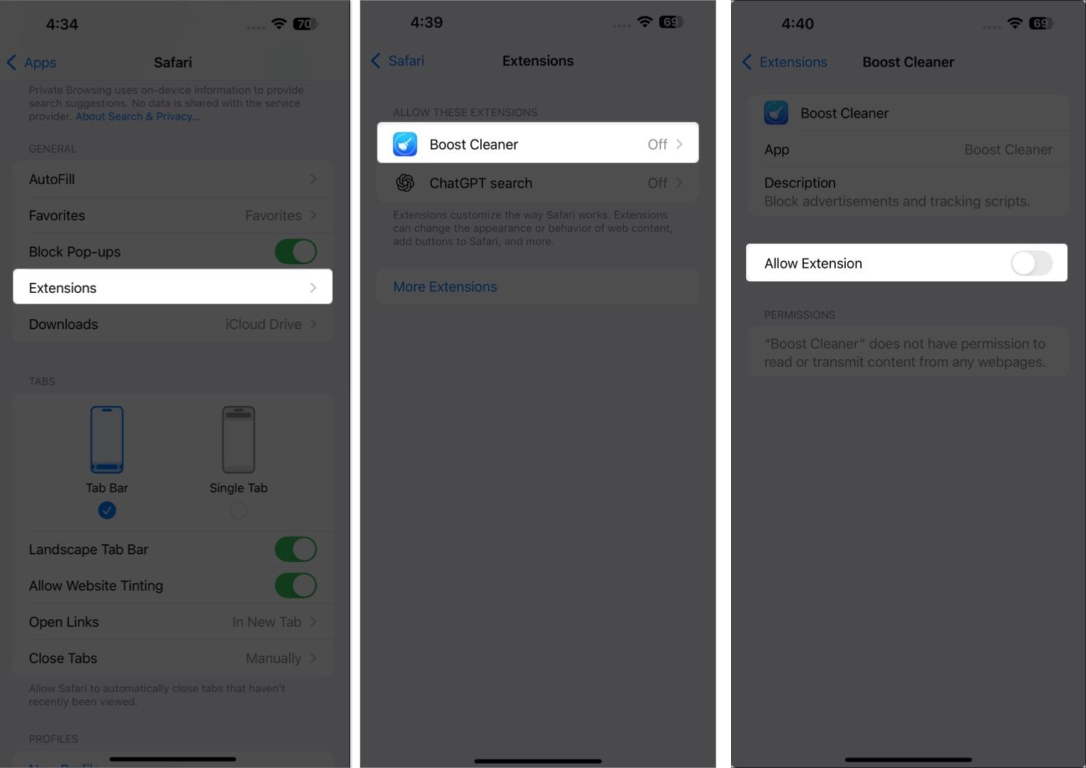 Access Extensions list and tap Extension name to toggle it on in iPhone