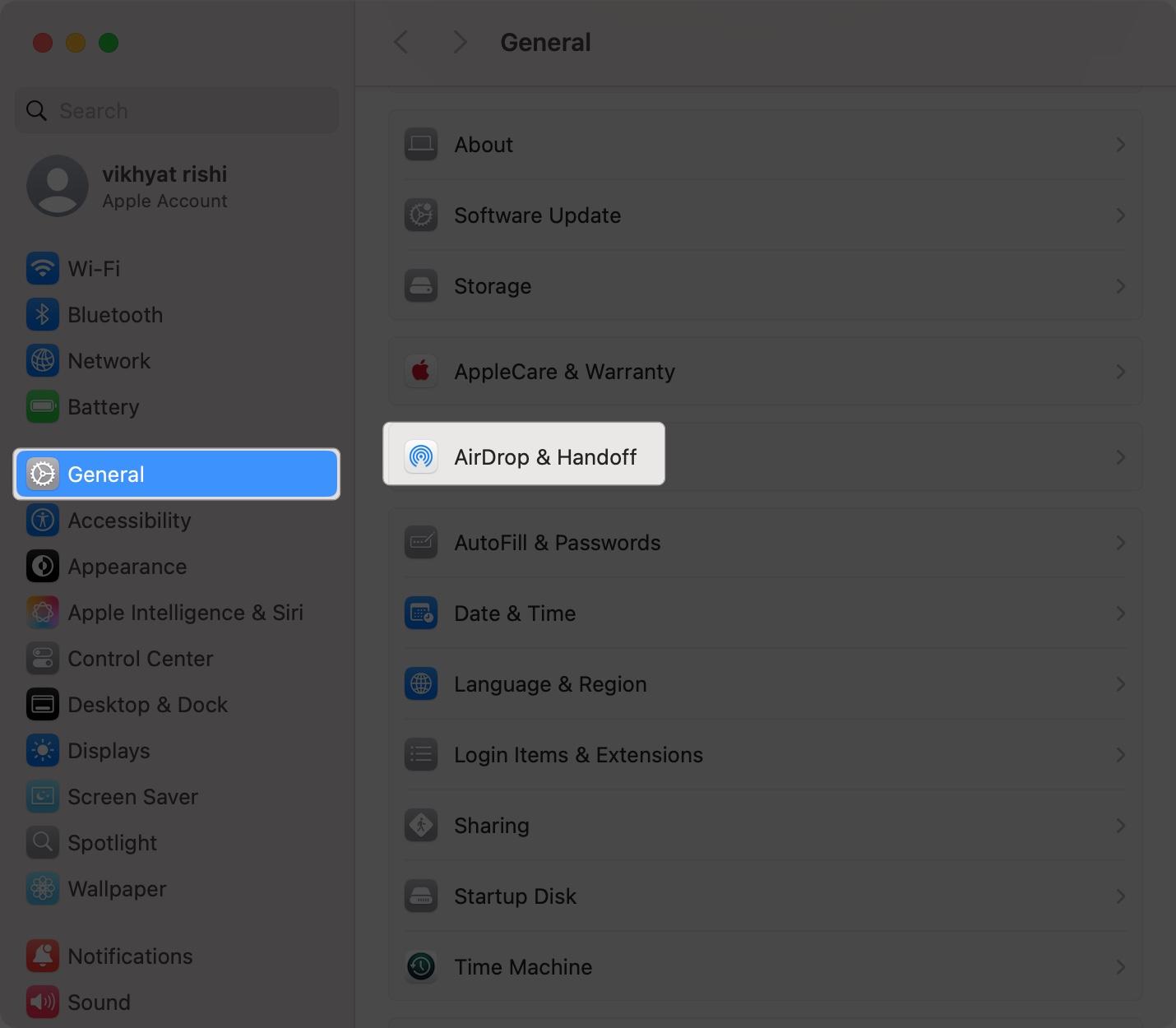 Access general Setting and tap on Airdrop and Handoff in Mac