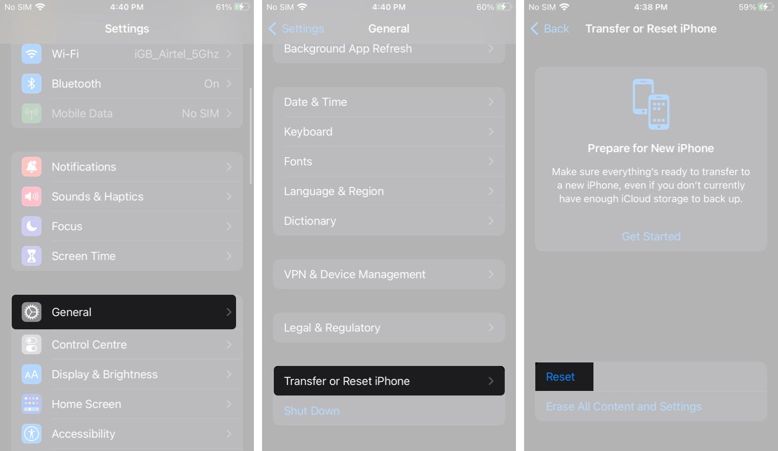 Reset option under Transfer or Reset iPhone settings on an iPhone.