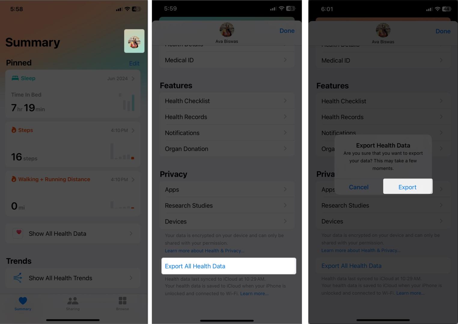 Access Health App and tap Export data to save on iPhone