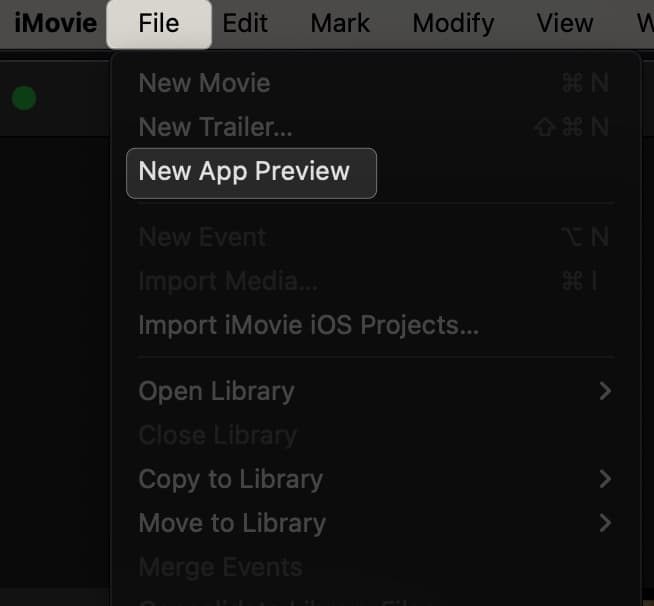 Access menu bar and select new app review for iMovie in Mac
