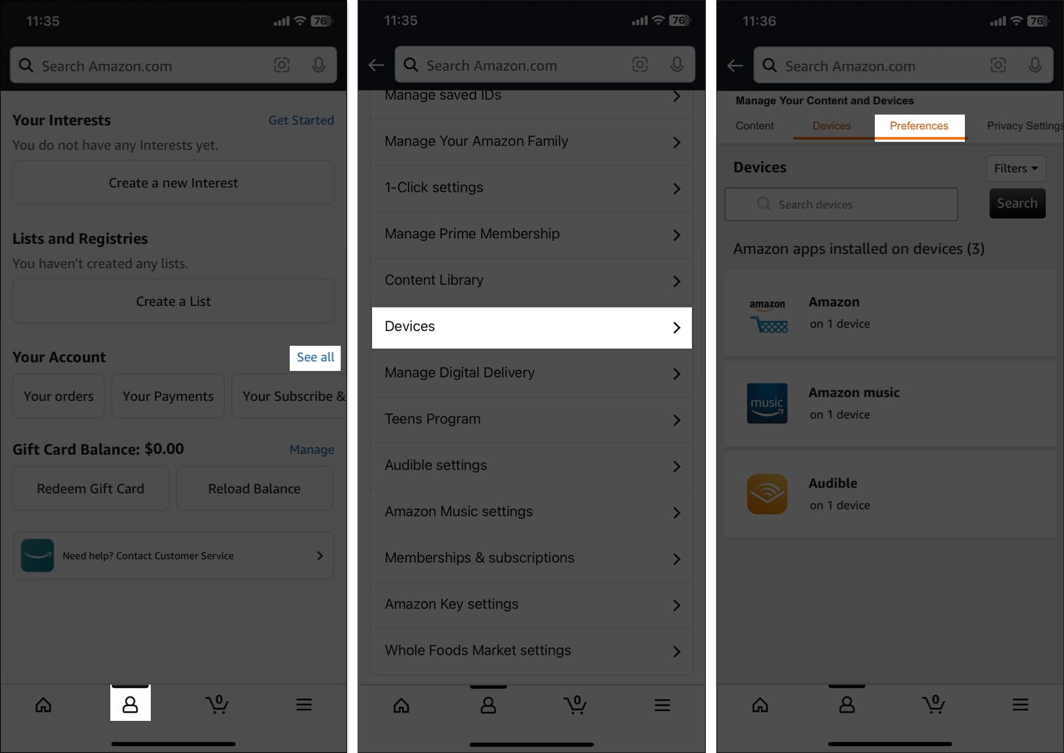 Access preference tab in amazon settings on iPhone