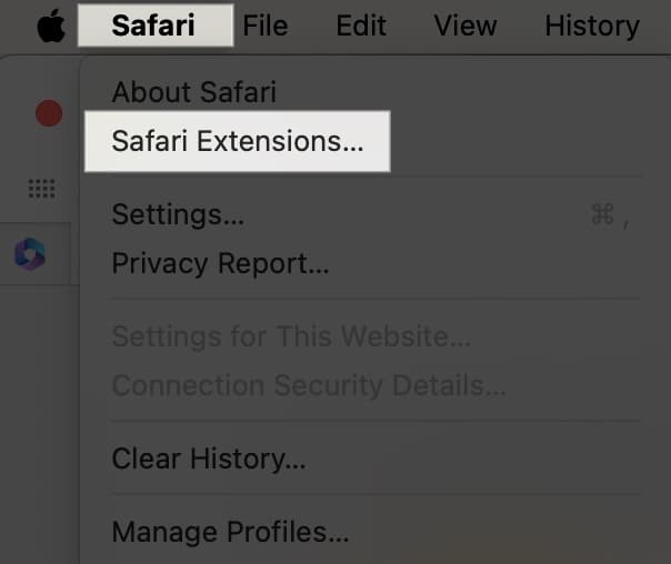 Access Safari on menu bar and select Safari Extensions on Mac