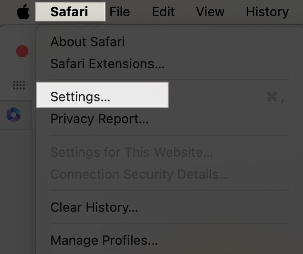 Access Safari on menu bar and Select Settings on Mac