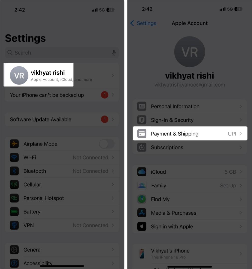 Accessing the Apple Account settings page in the iOS Settings app.