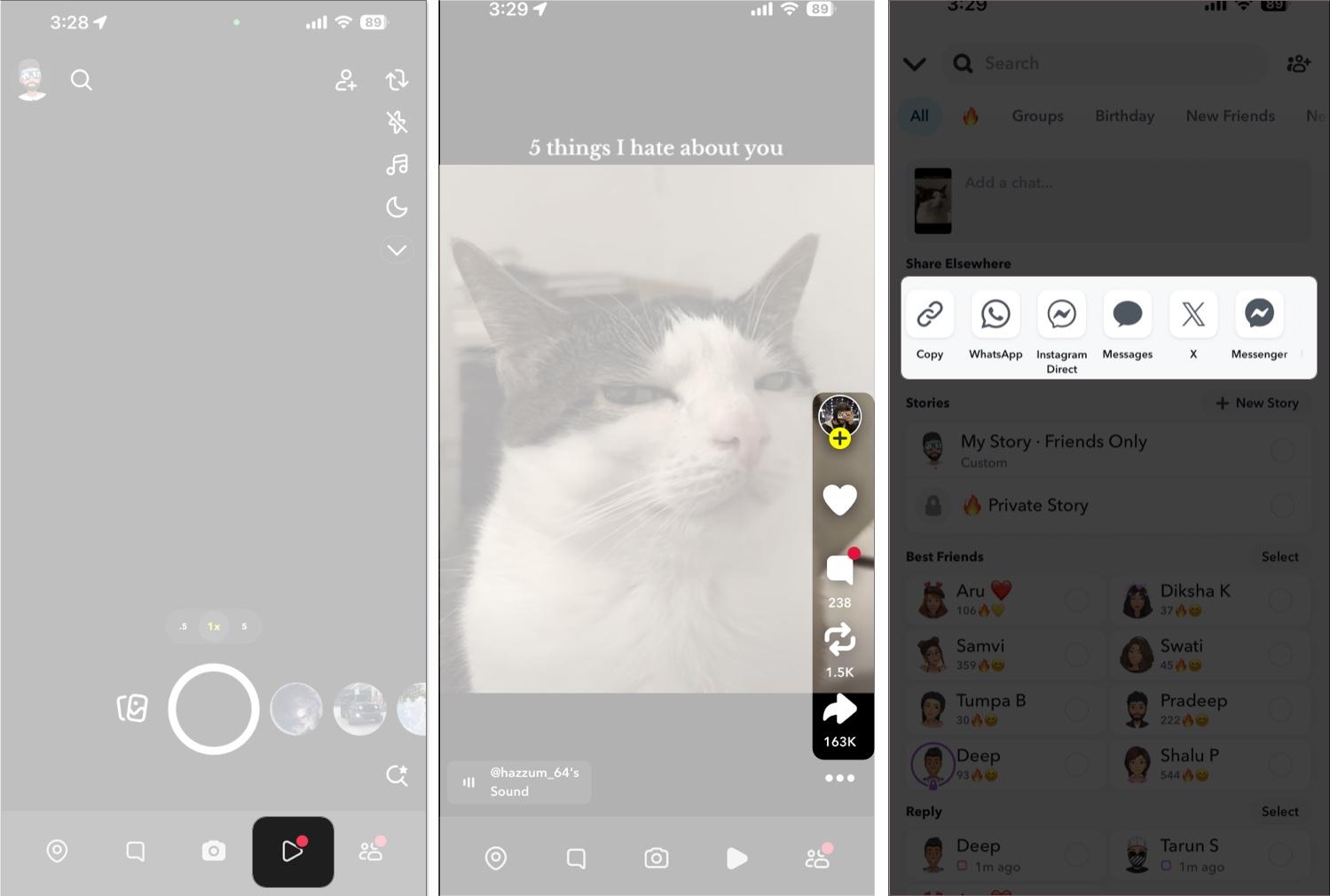Accessing and viewing Spotlight videos in the Snapchat app on an iPhone.