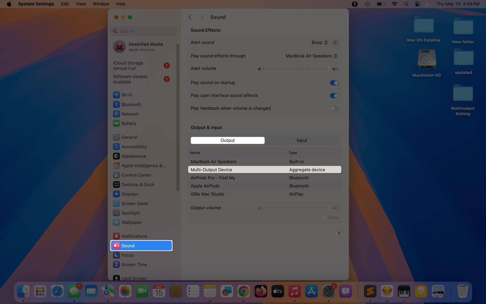 Selecting the new multi-output device as the output device in macOS Sound settings.