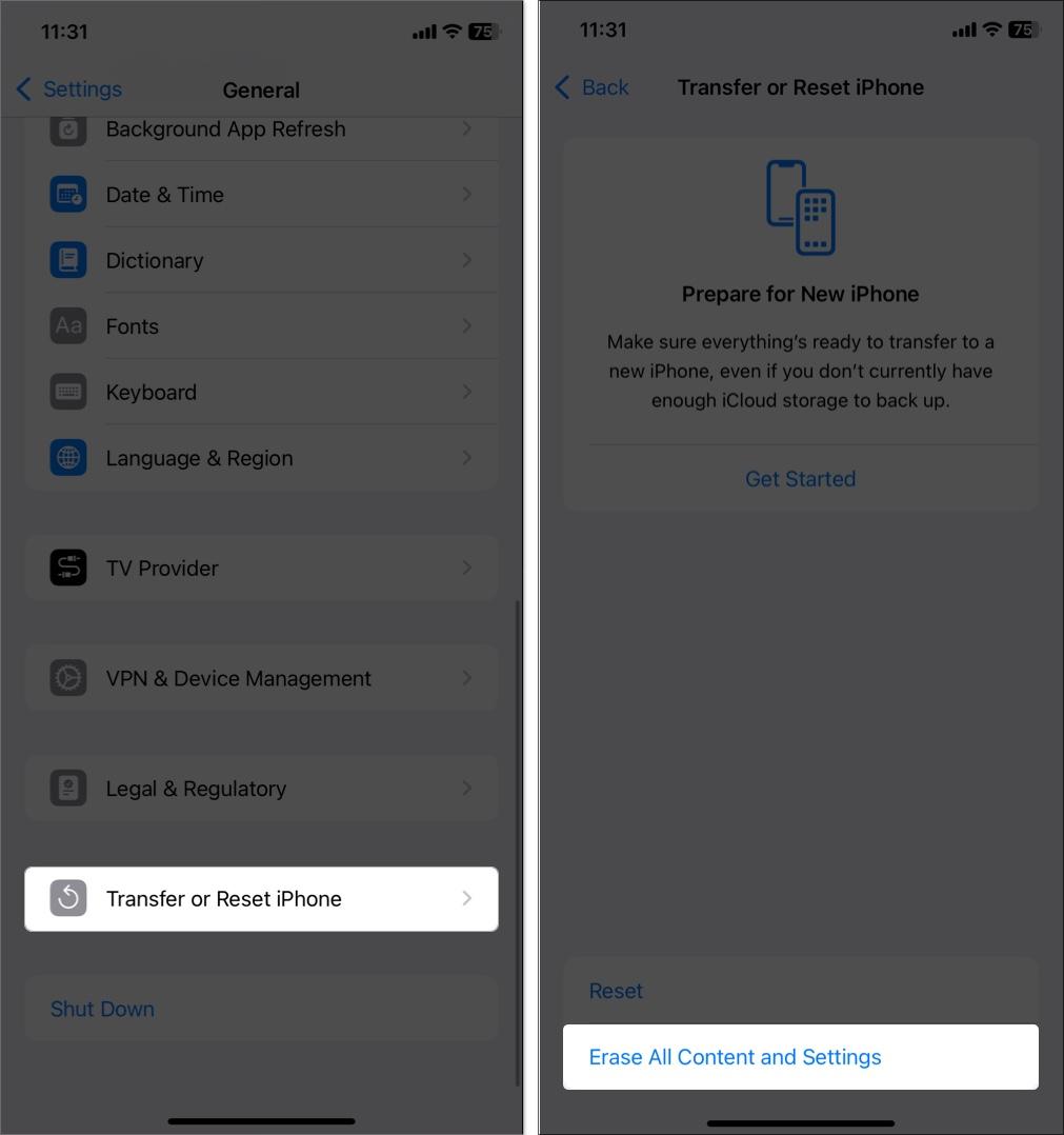 Access transfer or reset iPhone and select erase all content and settings in iPhone