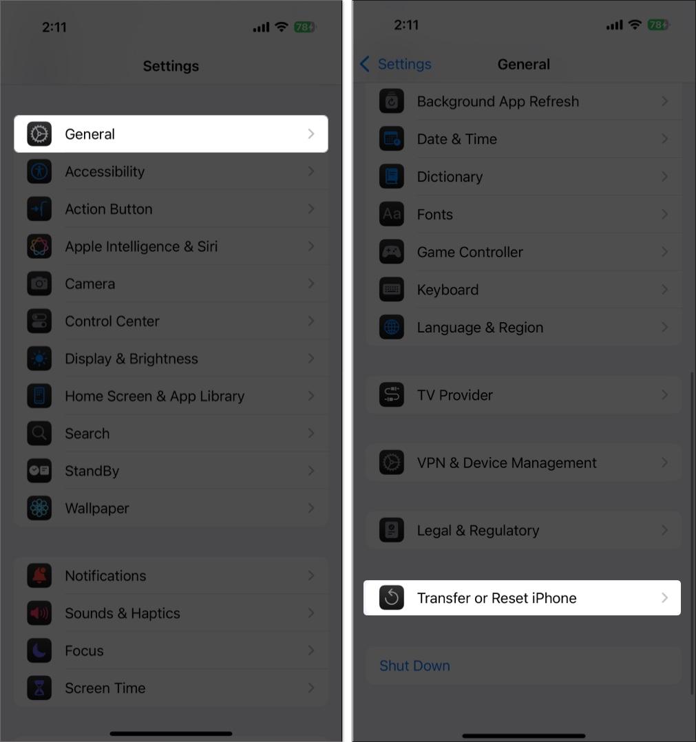 Accessing the Transfer or Reset iPhone option in the iPhone Settings app.