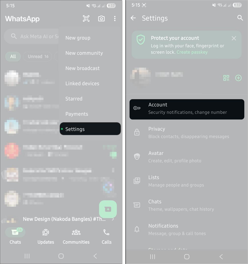 Accessing WhatsApp settings page on an Android phone.