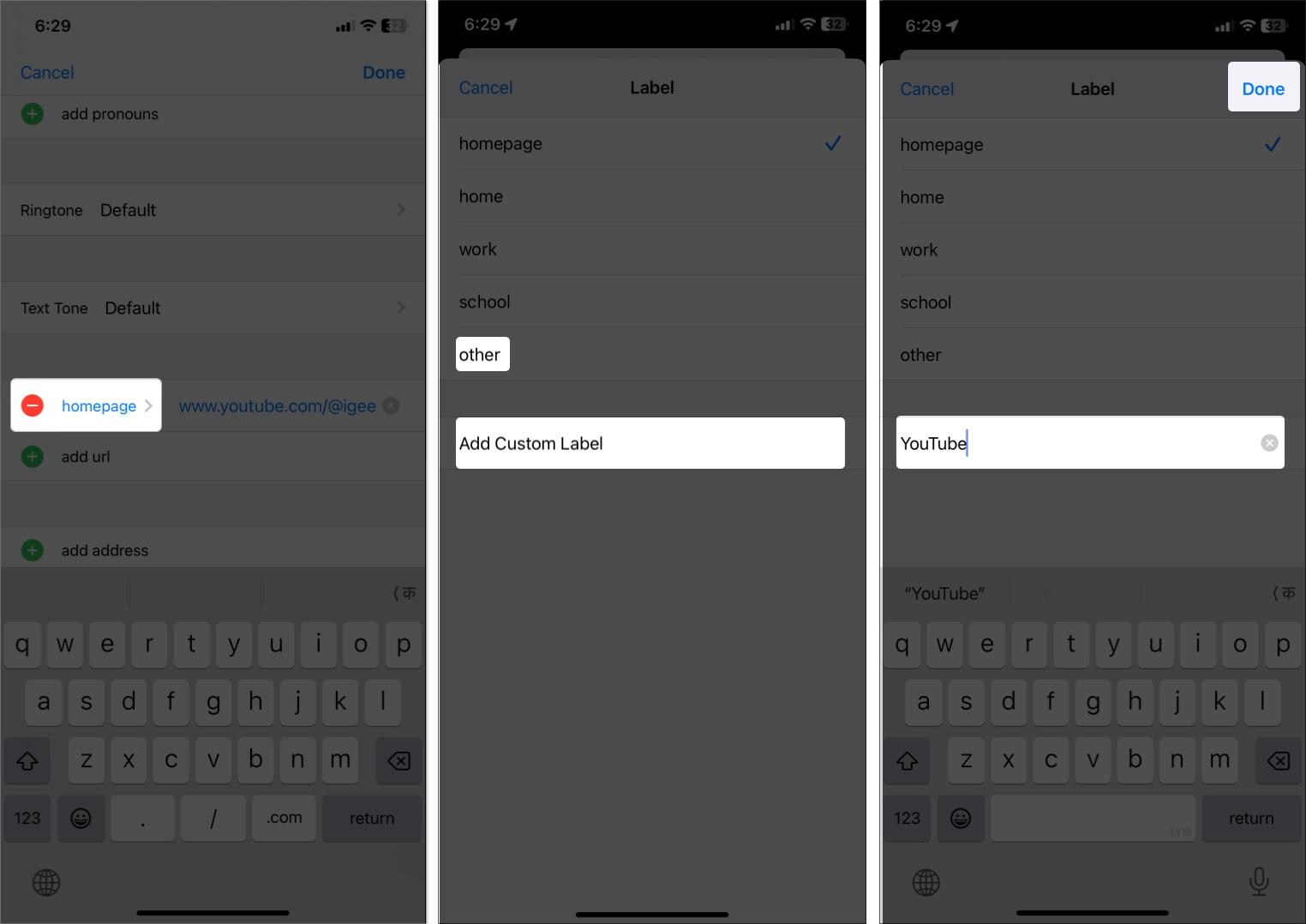 Add custom label for social profiles in iPhone contact