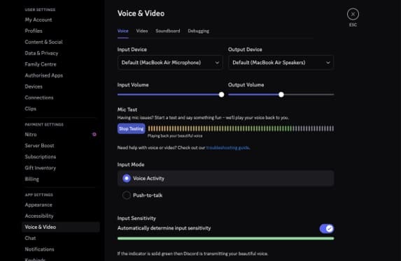 Checking an app's internal audio settings on a Mac.