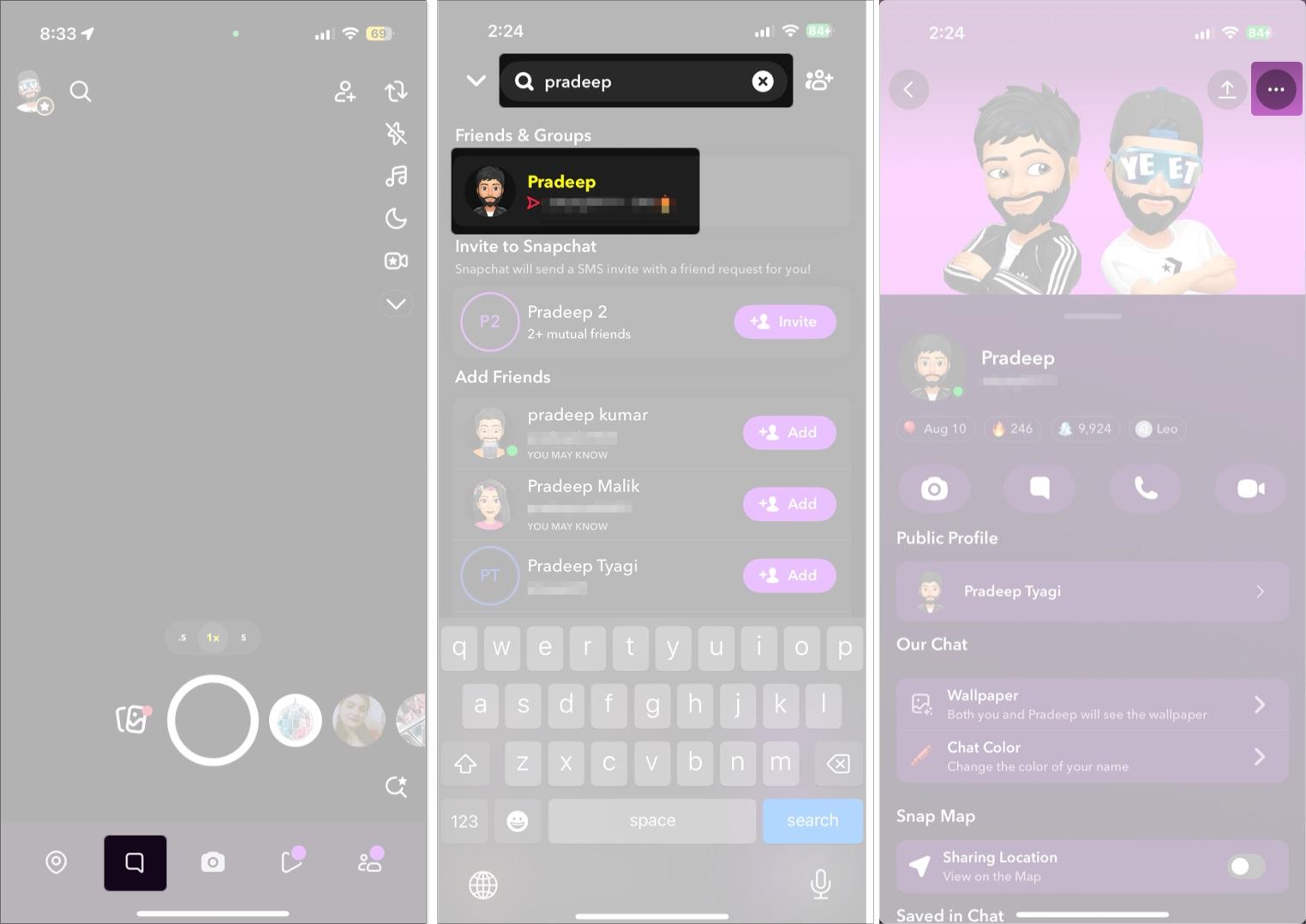 Finding the profile of a contact on Snapchat to block them.