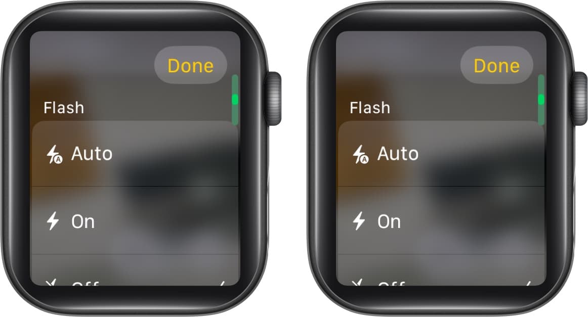 Adjusting camera flash in the Camera Remote app on an Apple Watch.