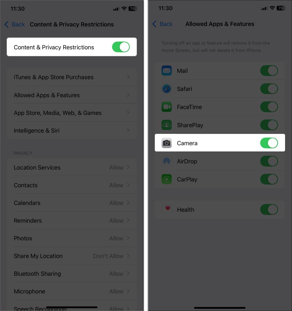 Check restrictions in allowed apps and features on iPhone setting