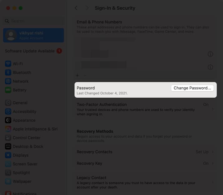 Choose change password option in the settings