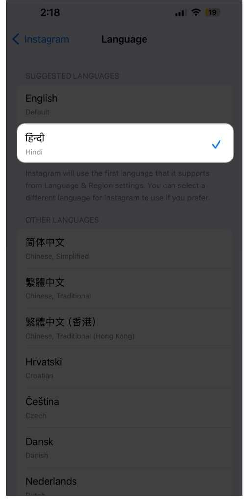 Choose languages under suggested language section