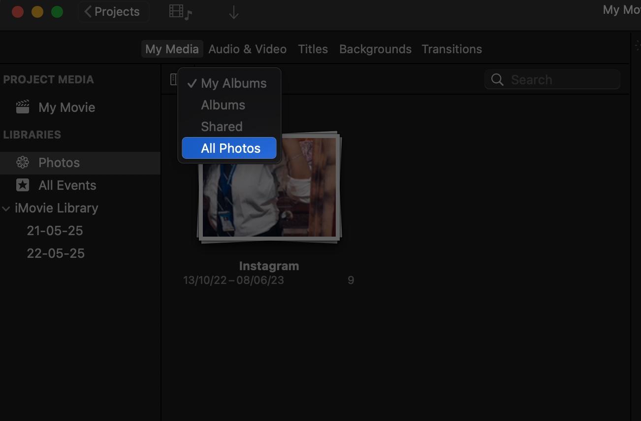 Click My Albums dropdown at top and and select all photos in iMovie on Mac