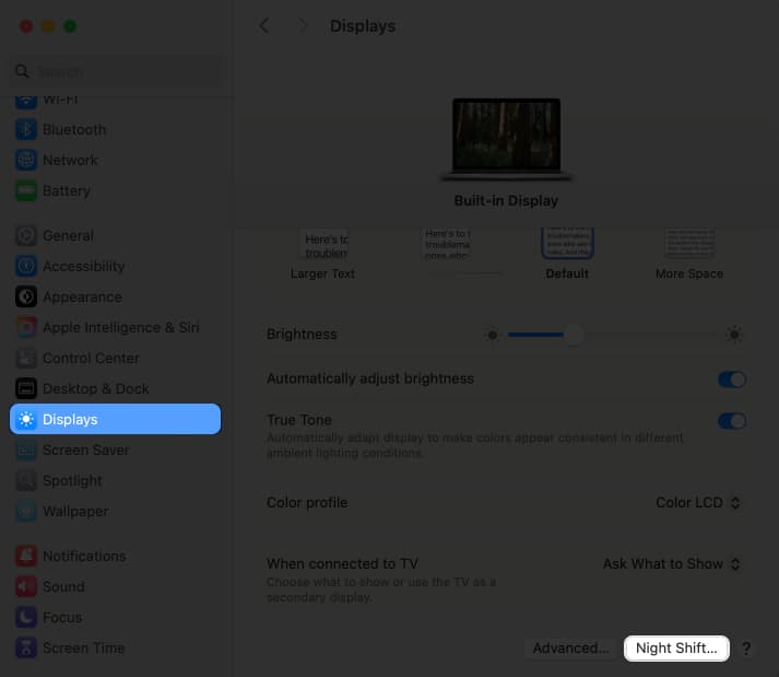 Click on night shift tab in display settings on Mac