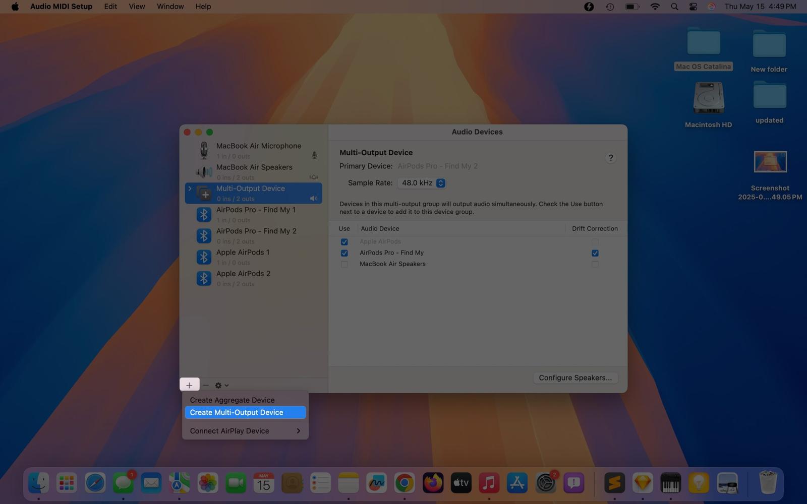 Creating a new multi-output device in the Audio MIDI Setup app.