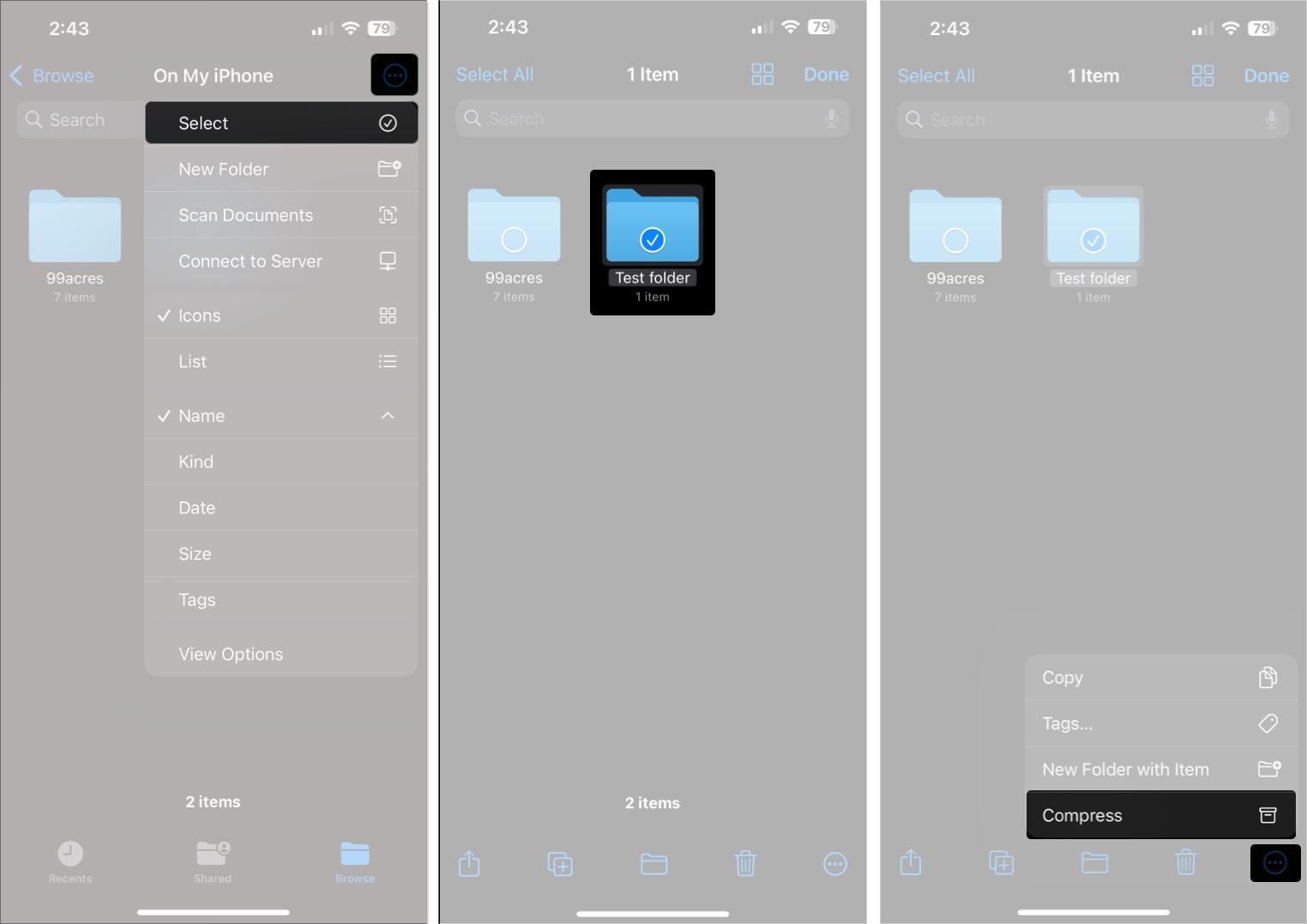Zipping a folder in the Files app on an iPhone.