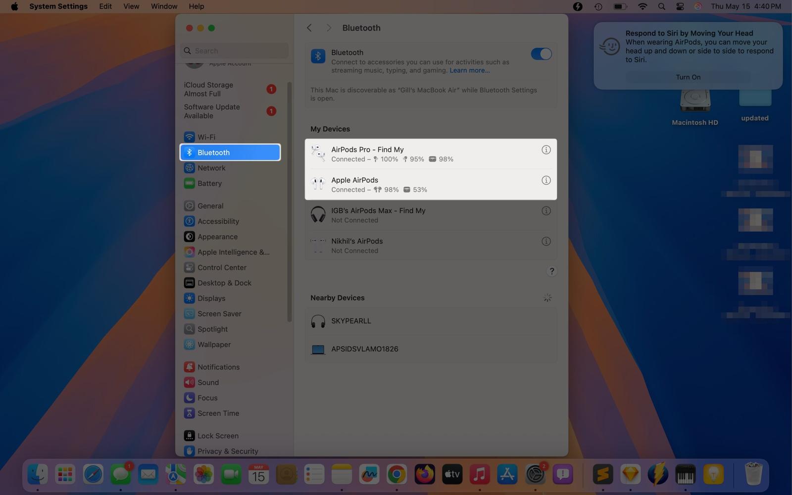Two pair of AirPods showing the Connected status in macOS Bluetooth settings page.