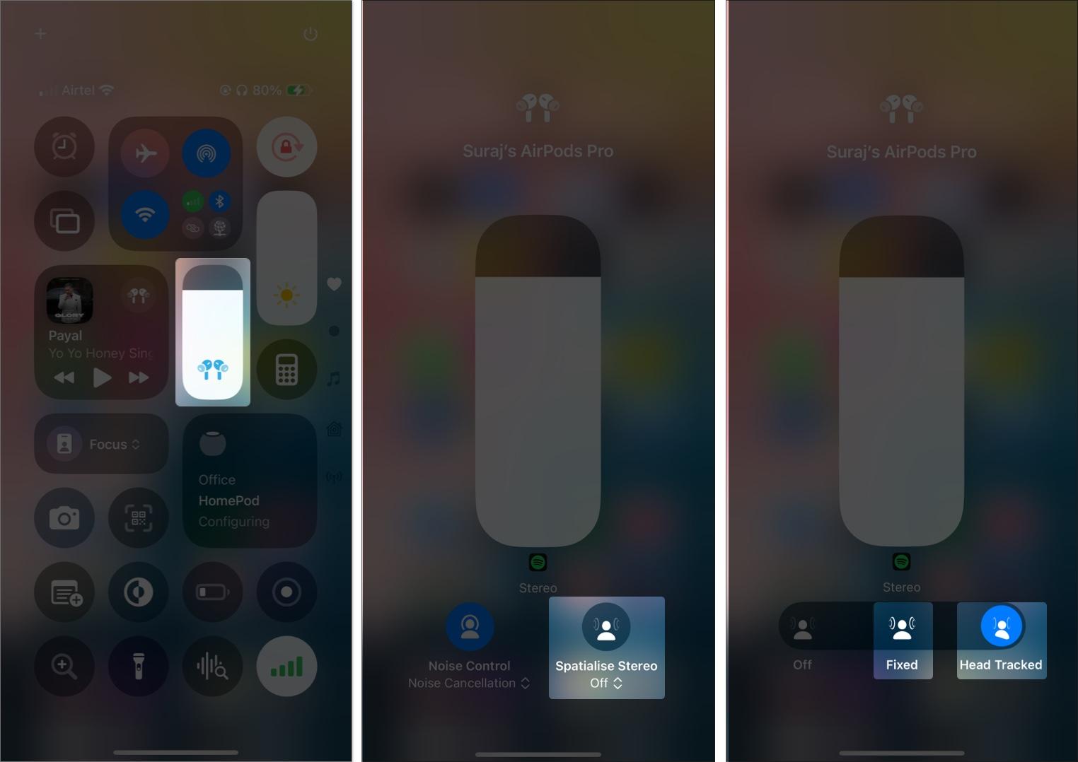 Changing Spatial Audio mode on an iPhone from the Control Center.
