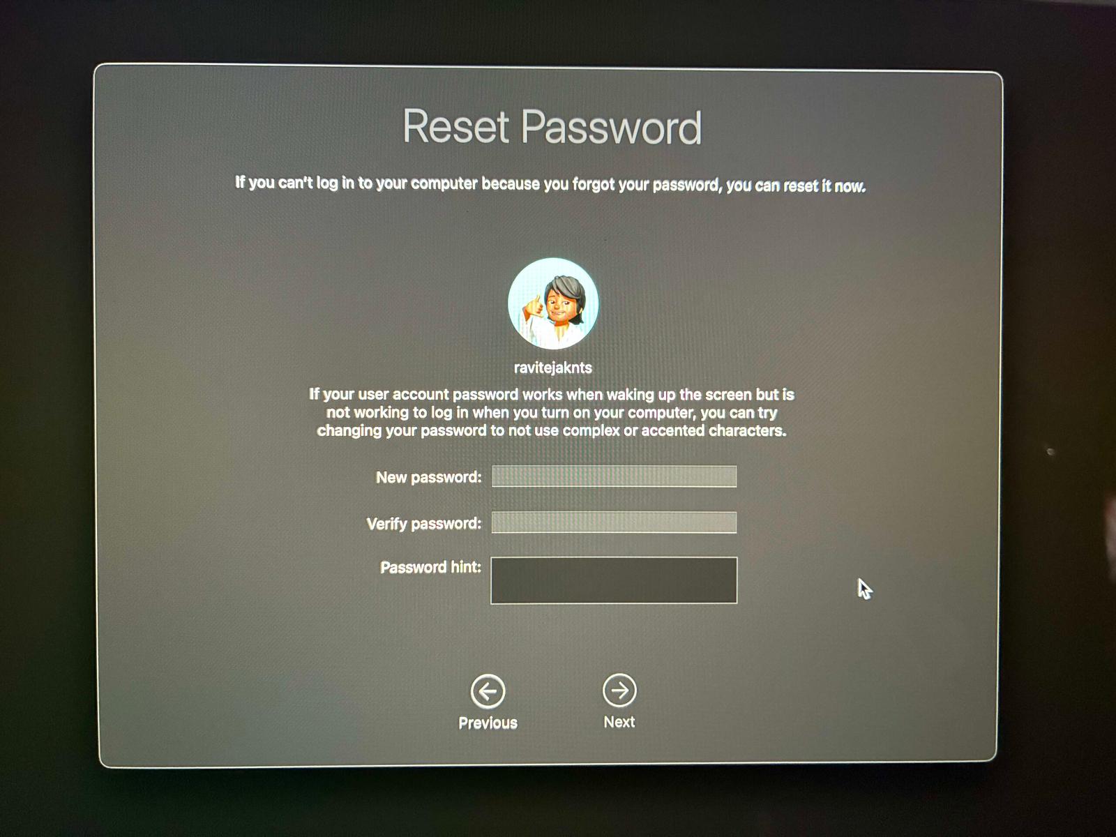 Creating a new password on the Reset Password screen.