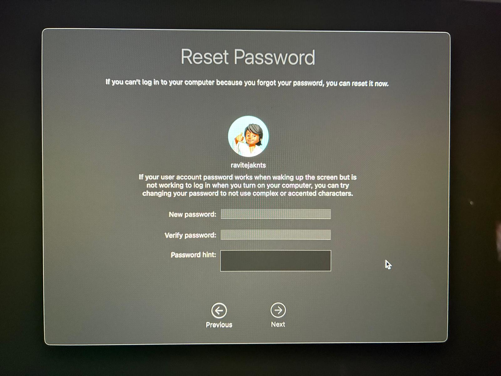 Creating a new password on the Reset Password screen.