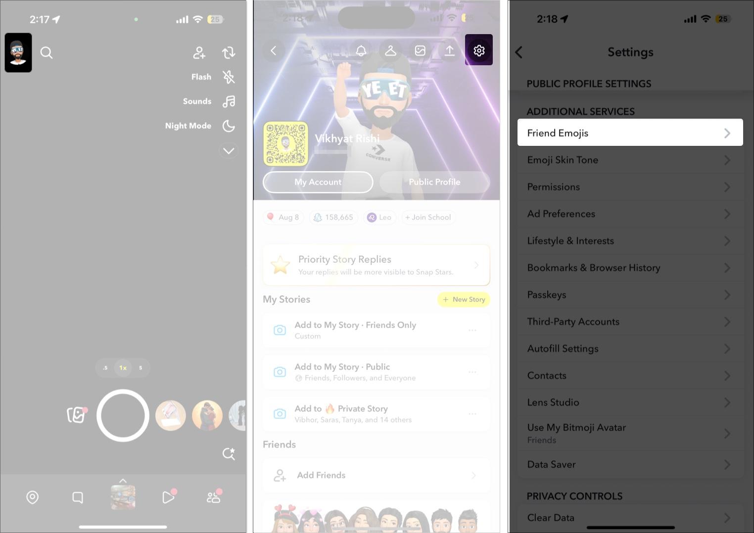 Accessing the Friend Emojis option in Snapchat settings on an iPhone.