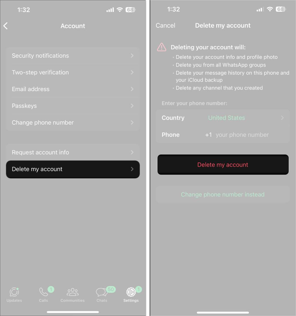 Deleting a WhatsApp account on an iPhone.