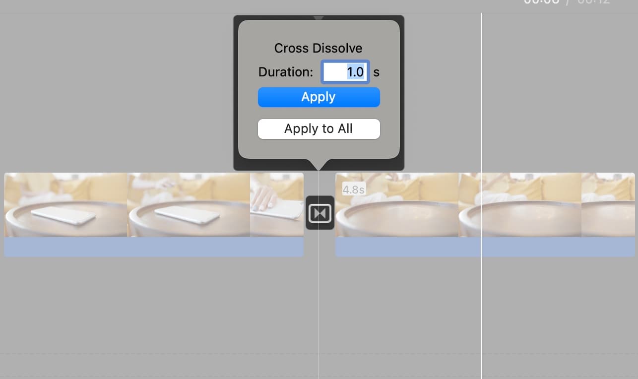 Double click transition to adjust duration on iMovie in Mac
