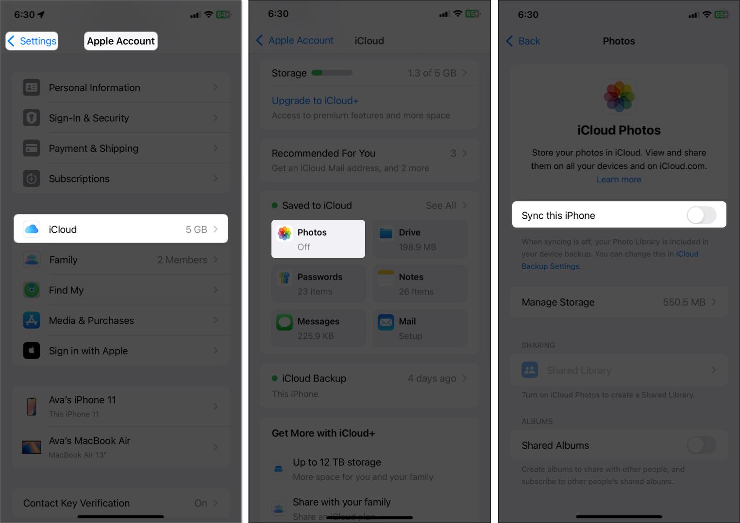 Enable iCloud Photos from iPhone settings