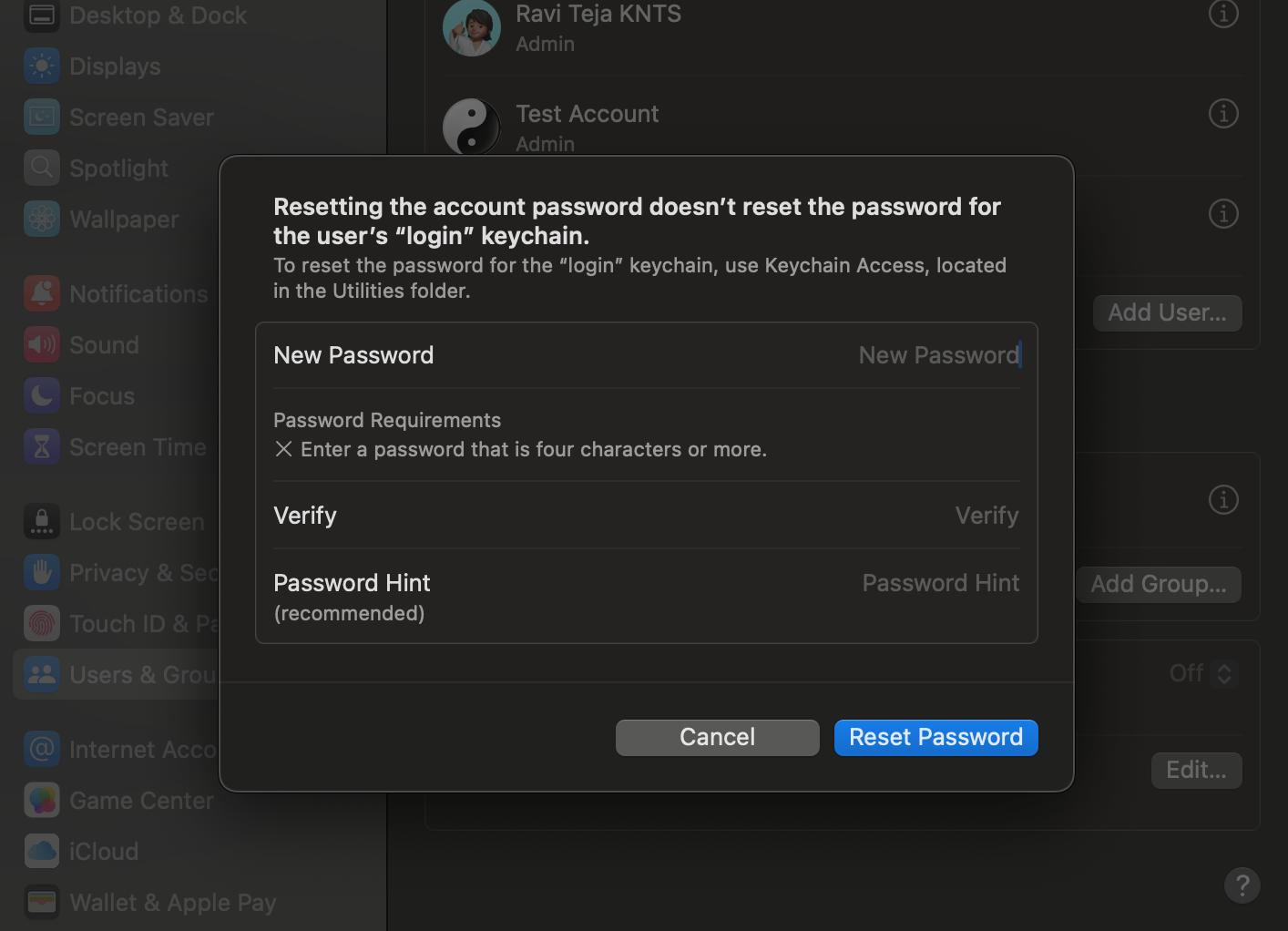 Entering the new password to reset your Mac password.