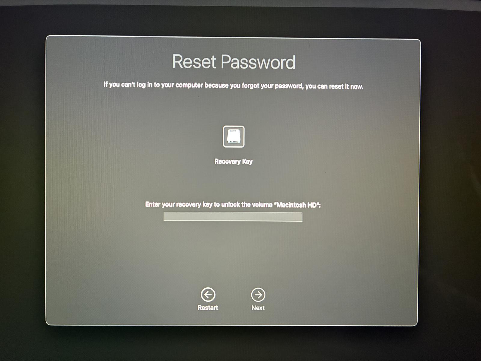 Enter your FileVault recovery key to reset your Mac's password.
