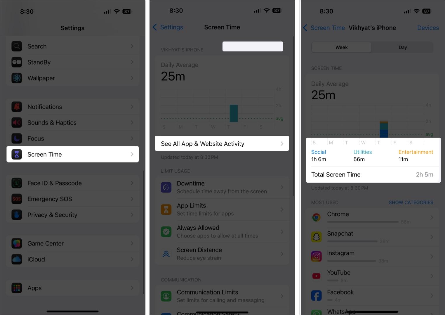 Go to screen time to view all app and website activity on iPhone