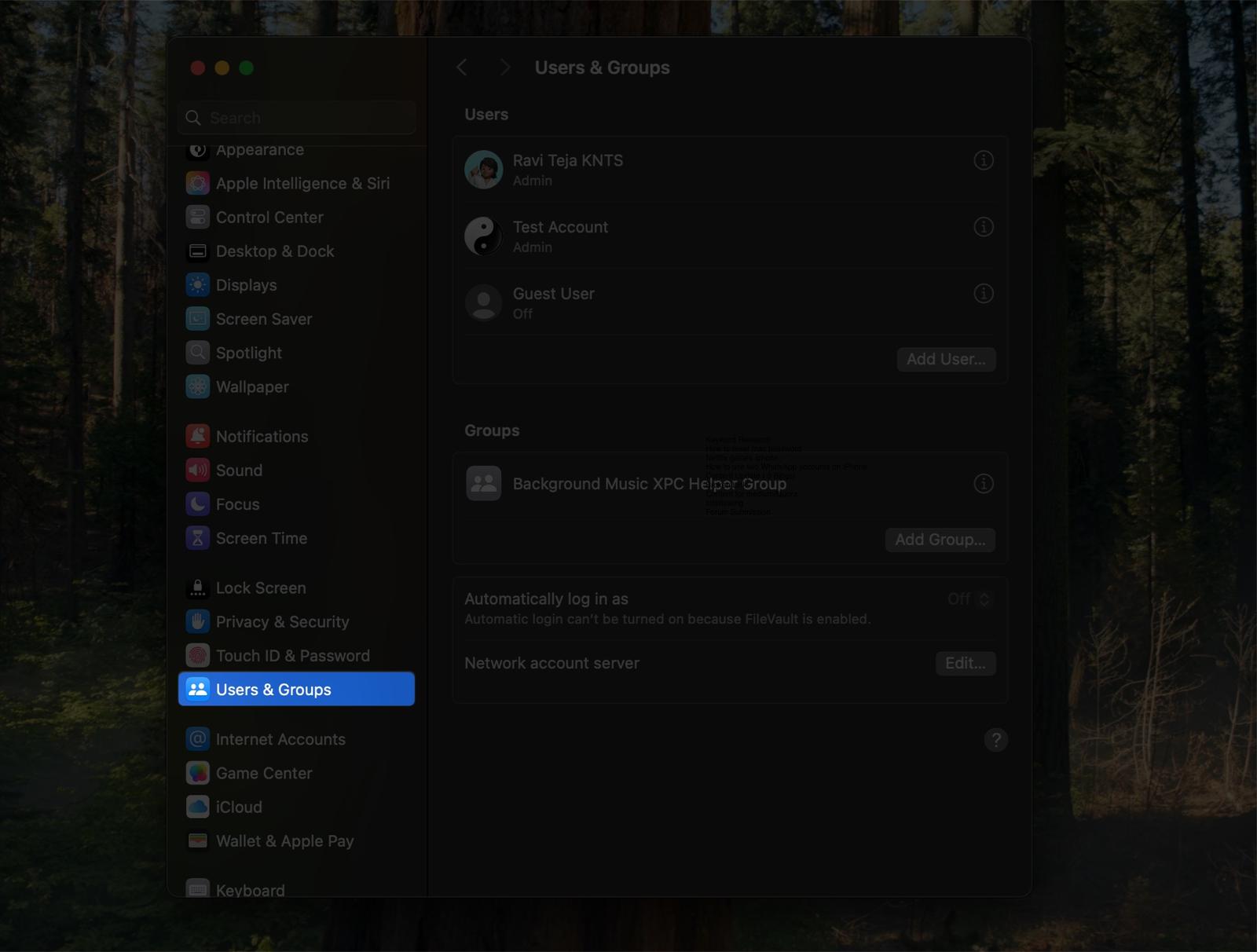 Accessing the Users & Groups settings in macOS System Settings app.