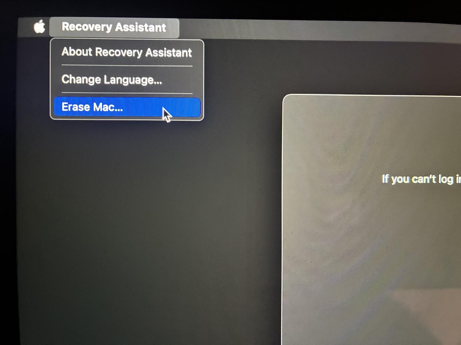Accessing the Erase Mac option for Recovery Assistant on a Mac.