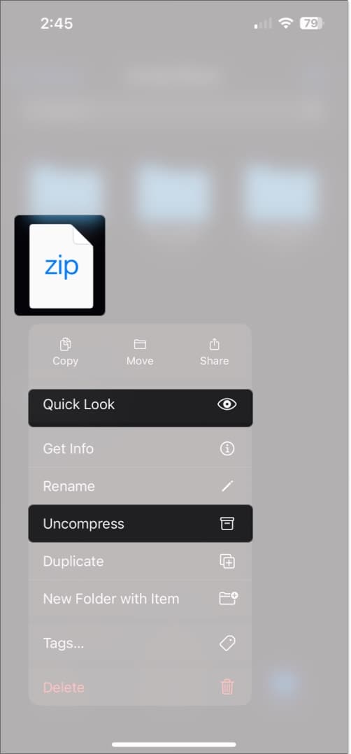 Using the Quick Look option on a ZIP file in the Files app on an iPhone.