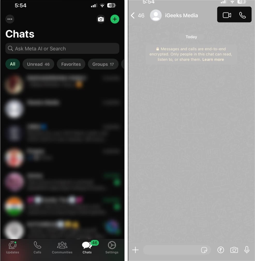 Making an audio/video call with a contact on WhatsApp on an iPhone.