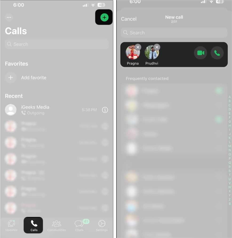Making a group WhatsApp call from the Calls tab on an iPhone.